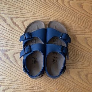 Double-strap blue Birkenstocks with heel strap